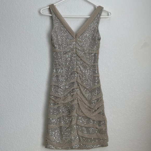 Express Sequin Mini Dress with Gathered Polka Dot Mesh Overlay, Size 0 - Picture 3 of 11